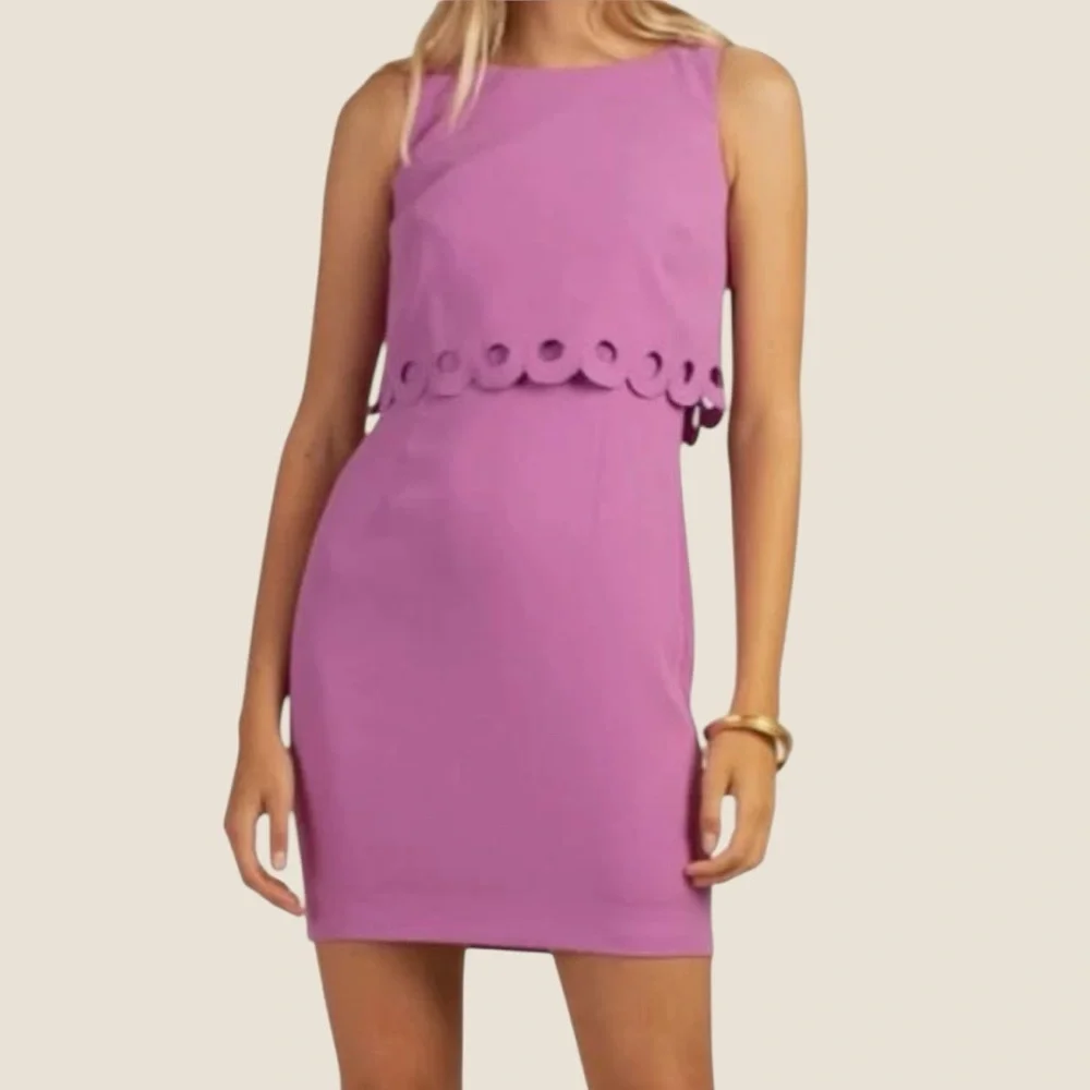 Trina Turk Purple Posey Scalloped Overlay Flounce Sheath Dress